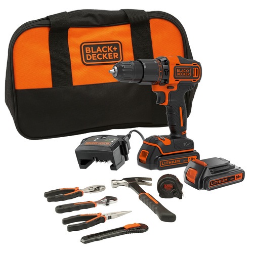 Black and Decker - 18V Hammer Drill with 2x 15Ah Batteries Charger 6 Hand tools and Soft bag - BCD700HTSA
