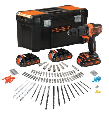 Black and Decker - 18V Lithiumion 2 Gear Hammer Drill with 3 batteries fast charger and 120 Accessories in Storage Case - BDCHD181B3A