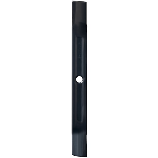 A single, black metal lawnmower blade with a central mounting hole, shown vertically against a white background.