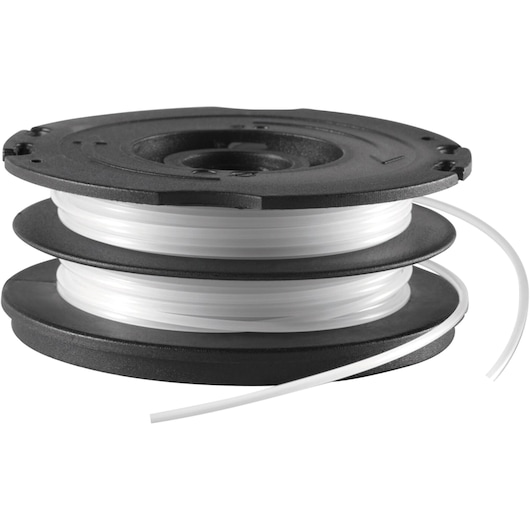 BLACK+DECKER replacement spool with white nylon line for garden trimmers, shown with two separate spools stacked, featuring black plastic casing.