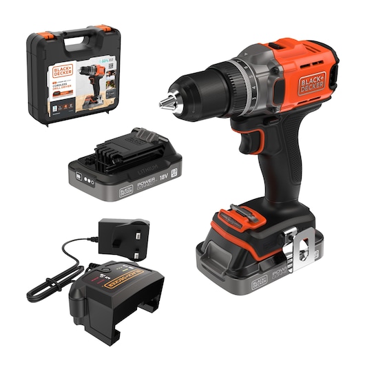 A BLACK+DECKER cordless drill set with accessories shown. The set includes an orange and black cordless drill, a battery pack, a charger, and a black carrying case with product branding visible on the front.