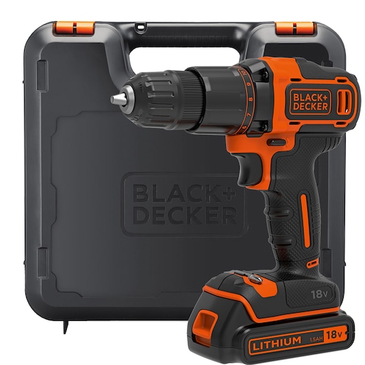 A BLACK+DECKER 18V cordless drill with an orange and black color scheme, shown in front of a hard plastic carrying case. The drill features a lithium battery and ergonomic handle.