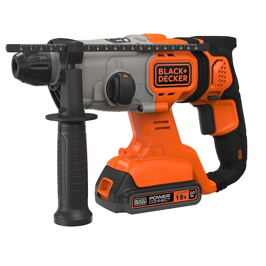 A BLACK+DECKER cordless hammer drill with an orange and black design, featuring a side handle grip and a lithium 18V 2.0 Ah Power Connect battery.