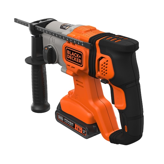 A BLACK+DECKER cordless rotary hammer drill with an 18V lithium battery, featuring a black and orange design, side handle, and depth gauge.