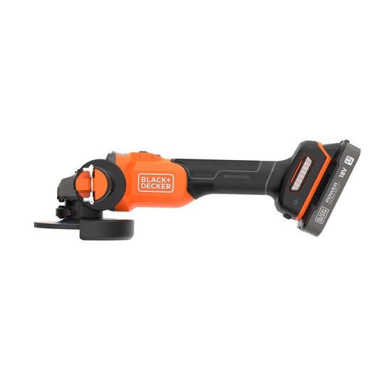 A BLACK+DECKER cordless angle grinder with orange and black body, brushless motor, and a detachable 18V lithium battery.