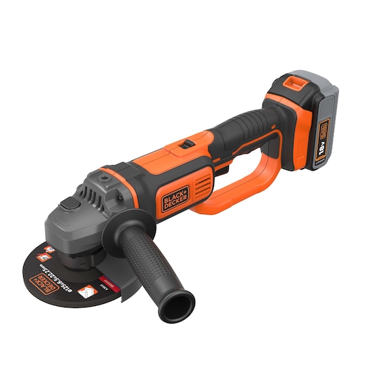 A BLACK+DECKER cordless angle grinder with an 18V lithium battery. The tool features a black and orange design, a side handle for better grip, and a visible grinding disc.