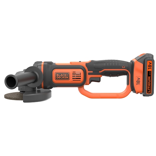BLACK+DECKER cordless angle grinder with 18V lithium battery, shown from the side with orange and black design.