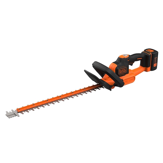A BLACK+DECKER cordless hedge trimmer with an orange and black design and a long cutting blade.