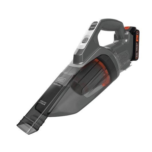 A BLACK+DECKER handheld cordless lithium vacuum cleaner with dustbuster technology, showing a sleek gray design and a visible filter chamber.