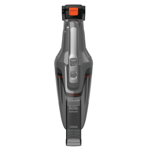 A BLACK+DECKER Dustbuster cordless handheld vacuum cleaner, shown from a top-down view with a grey and black body and an orange button.