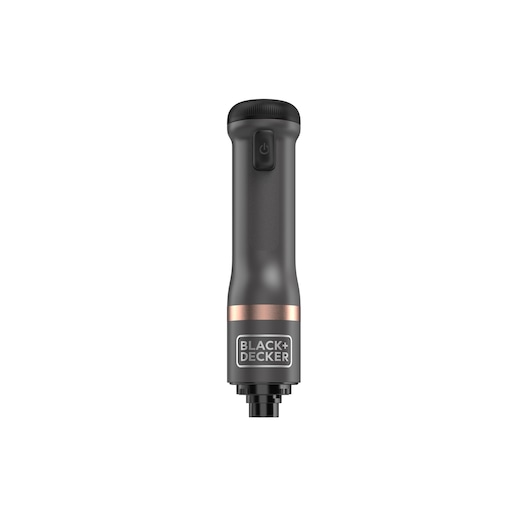 A BLACK+DECKER branded handheld device with a dark body, copper accent ring, power button, and connector at the bottom, photographed against a white background.