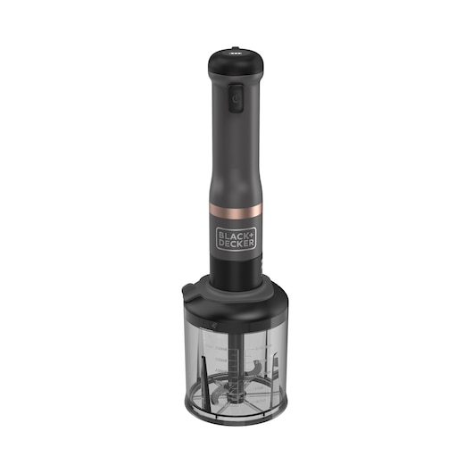 BLACK+DECKER electric food chopper with a black and copper design, featuring a plastic transparent container and a black handle.