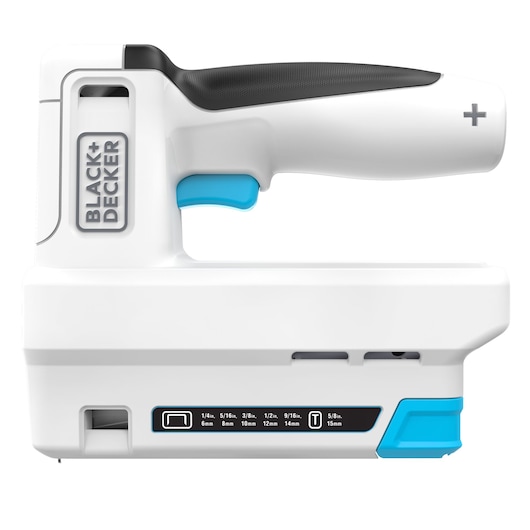 BLACK+DECKER BCN115 cordless staple gun, white with black grip and blue trigger, side view on white background.