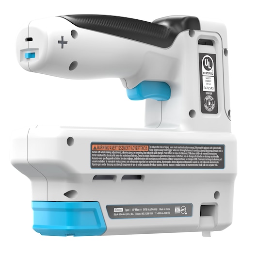 BLACKDECKER BCN115 white and blue electric stapler side view, ergonomic black handle, safety labels visible.