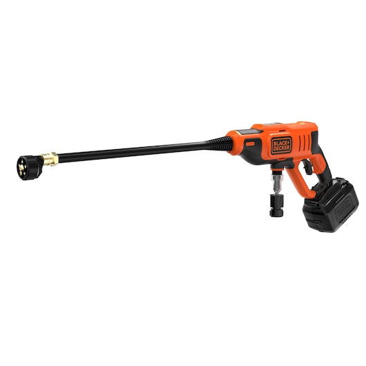 Cordless orange and black BLACK+DECKER pressure washer with a long nozzle and battery pack, shown on a white background.