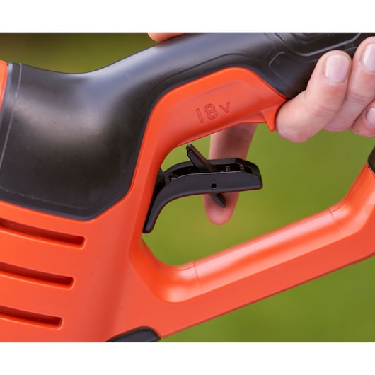 BLACKDECKER BCPC18B power tool handle, close-up showing 18V marking and trigger.