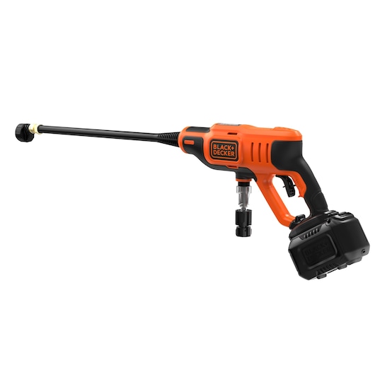 A BLACK+DECKER cordless pressure washer with an orange and black design, featuring a long nozzle and a detachable battery.