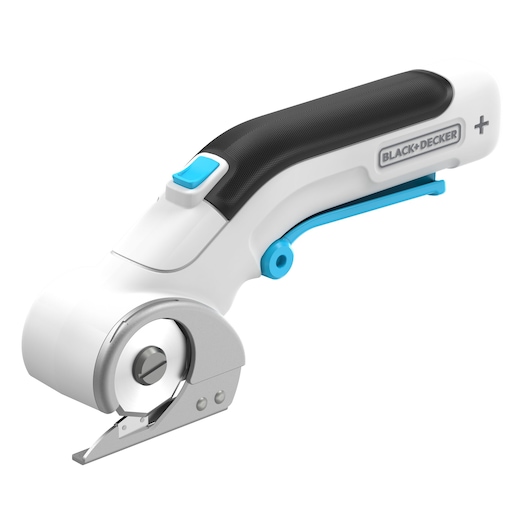 BLACKDECKER rotary cutter BCRC115 photography, white and black handle, blue accents, side angle.