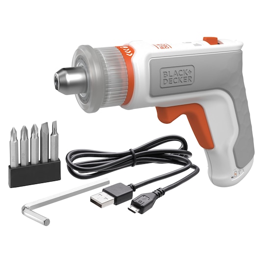 A BLACK+DECKER cordless electric screwdriver with a gray and orange handle, shown with four metal screwdriver bits in a holder, a USB charging cable, and an L-shaped hex key. All items are placed together on a white background.