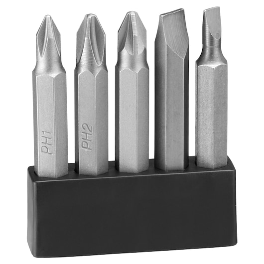 A set of five metal screwdriver bits with hexagonal shafts, including Phillips, slotted and flathead types, held upright in a black plastic holder.