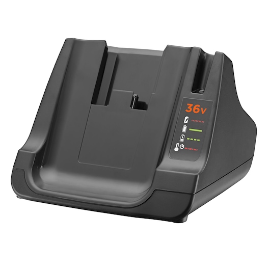 BLACK+DECKER 36V battery charger with indicator lights, designed for rechargeable power tool batteries. The charger is black and has a slot for inserting the battery.