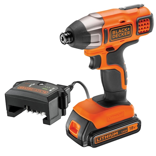 A BLACK+DECKER cordless impact driver with an 18V lithium battery and charger, shown in orange and black.