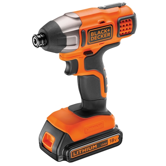 A BLACK+DECKER cordless impact driver with an orange and black design, featuring an 18V lithium battery at the base.