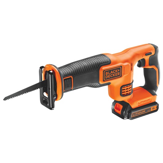 A BLACK+DECKER 18V lithium cordless reciprocating saw with an orange and black body, featuring a rubberized grip and a removable blade.