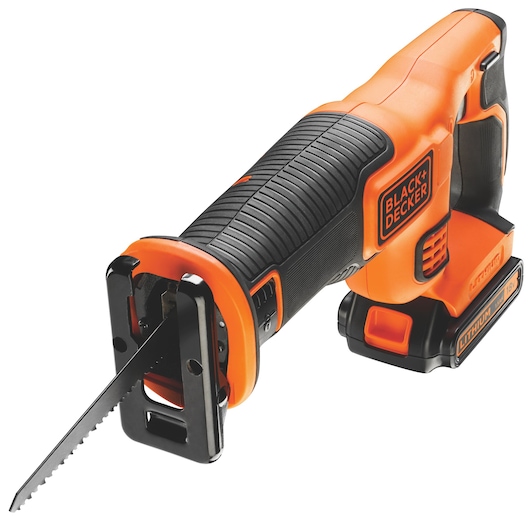 A BLACK+DECKER cordless reciprocating saw with an orange and black design, featuring a lithium battery and a serrated blade.