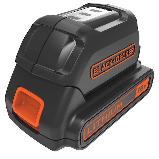 A BLACK+DECKER 18V lithium-ion battery pack. The battery is black with orange detailing and branding, and is designed for use with compatible BLACK+DECKER power tools.