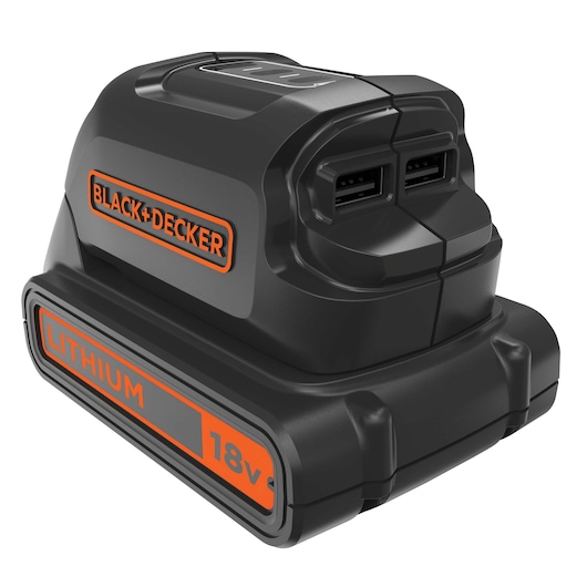 A BLACK+DECKER 18V lithium battery pack with dual USB ports. The battery is black with orange branding details and is designed for portable power applications.