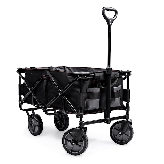 A black collapsible utility wagon with four sturdy wheels, an adjustable handle, and several storage pockets on the side. The wagon is designed for easy transport and storage.