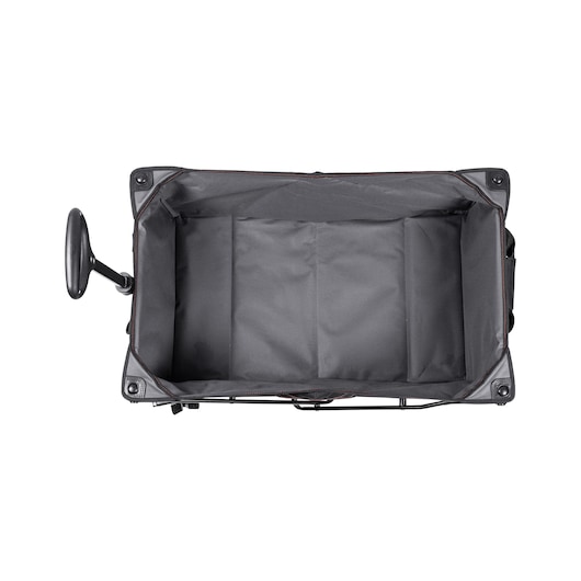 Top view of an empty, rectangular collapsible wagon with black fabric and a handle on the left side.