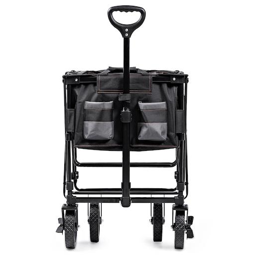 Rear view of a folded black utility wagon with a handle and multiple storage pockets, designed for easy transportation and organization. The wagon has four sturdy wheels and a collapsible frame.