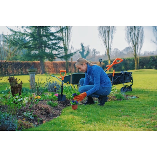 Photo of BLACKDECKER BDCWBK01 garden cart in use next to flower bed, with tools and plants visible.