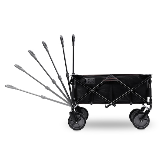 BLACK+DECKER BDCWBK01 collapsible wagon with adjustable pull handle, black fabric, side view on white background.