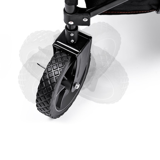 BLACKDECKER BDCWBK01 close-up photo of a black rubber caster wheel with textured tread, white background.