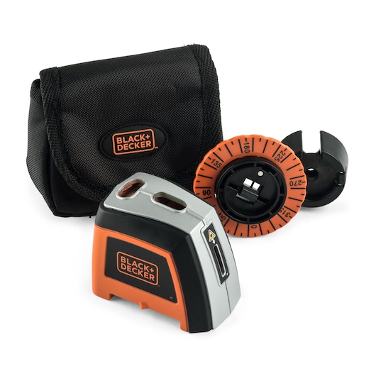 BLACK+DECKER laser level BDL120 set with a black carrying pouch, an orange and black laser level device, a circular orange and black protractor attachment, and another black accessory.