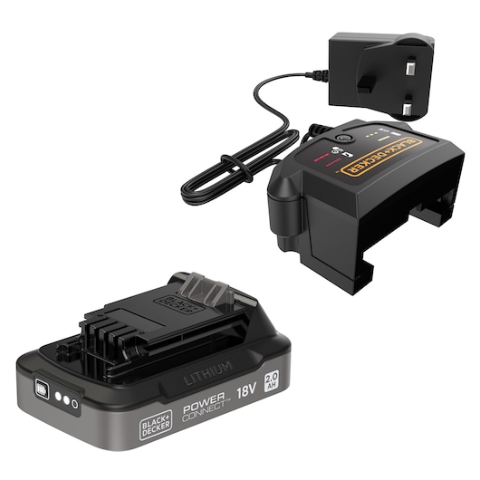 BLACK+DECKER 18V lithium-ion battery with 2.0Ah capacity and matching battery charger with UK plug, shown for photography purposes.