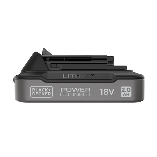 A BLACK+DECKER Power Connect 18V lithium battery with 2.0 Ah capacity, shown from the side.