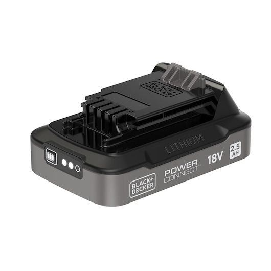 BLACK+DECKER Power Connect 18V 2.5Ah lithium battery for tools, shown in black with brand and specifications labeled on the side.