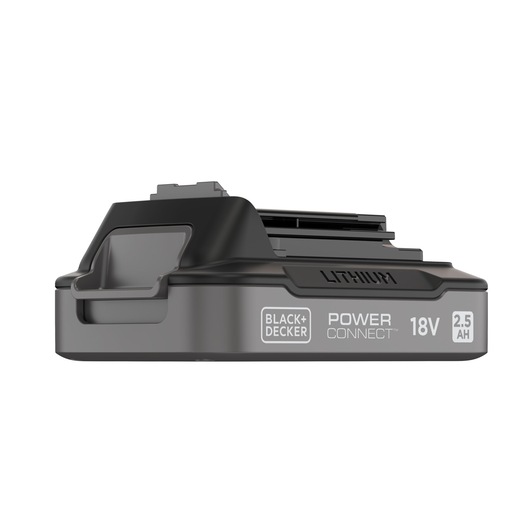 A BLACK+DECKER Power Connect lithium battery with 18V and 2.5Ah capacity, shown in a close-up view on a white background.