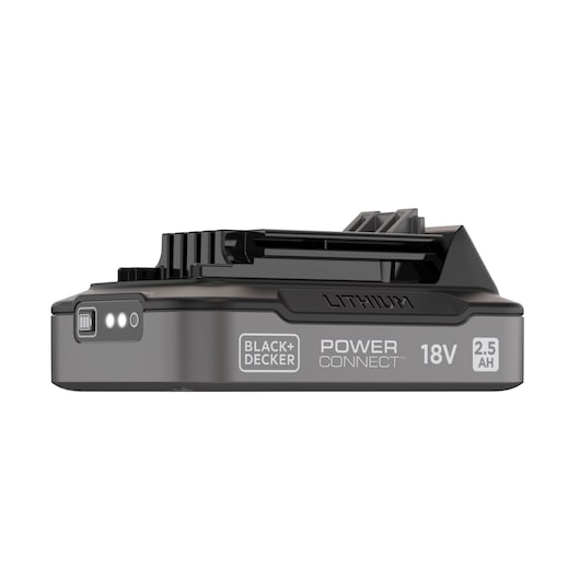 Side view of a BLACK+DECKER 18V lithium-ion battery with POWER CONNECT technology and 2.5Ah capacity, featuring indicator lights.