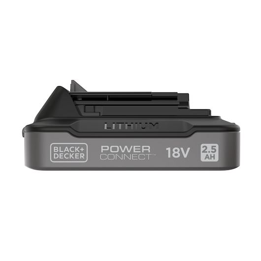 A BLACK+DECKER Power Connect 18V 2.5Ah lithium battery, shown from the front with branding and specifications visible.