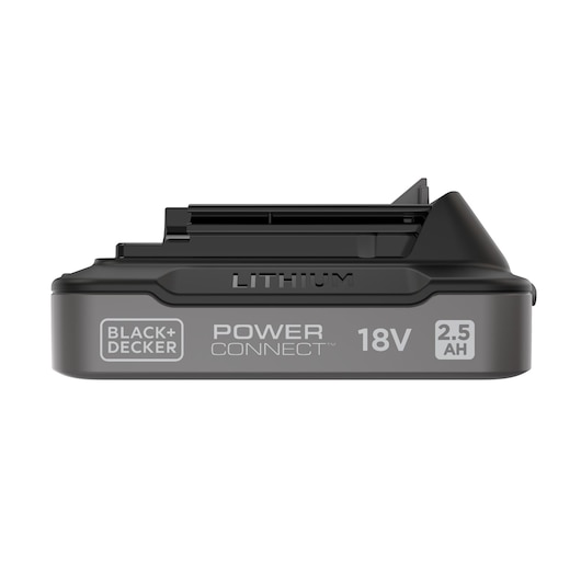 BLACK+DECKER Power Connect 18V 2.5Ah lithium-ion battery pack in black, shown from the side.