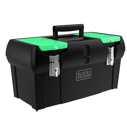 BLACK+DECKER BDST19120 black toolbox with green lids and metal latches, front angle, white background.