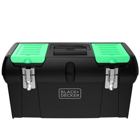 BLACK+DECKER BDST19120 black tool box with green lid panels, front angle, metal latches.