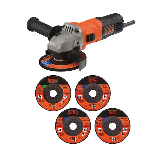 BLACK+DECKER angle grinder with four grinding discs, shown on a white background. The grinder is orange and black with a side handle, and the grinding discs are labeled with BLACK+DECKER branding.