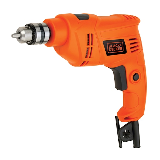 A BLACK+DECKER orange electric drill with a black handle and metallic chuck, model BEH201.