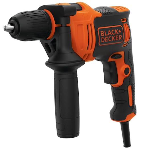 BLACKDECKER BEH550K corded hammer drill, black and orange, side angle on white background.